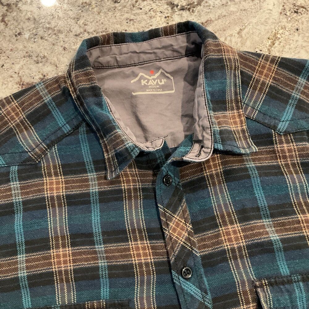 KAVU Shirt Mens Medium Green Plaid Long Sleeve Button Front Outdoor Casual *